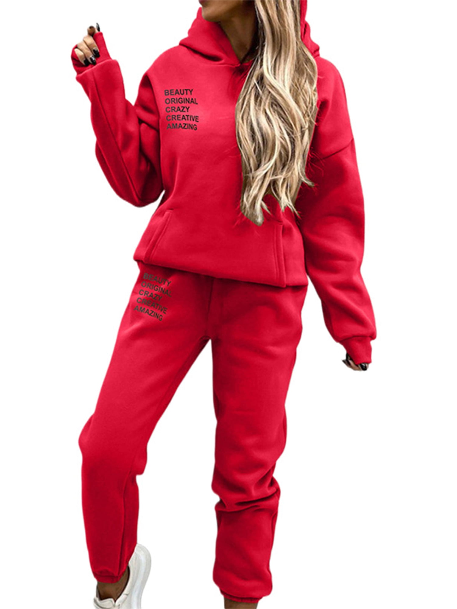 Lumento 2 Piece Sweatsuits Set for Women Winter Fleece Hoodies Tracksuit  Activewear Running Jogging Suit Red XL 
