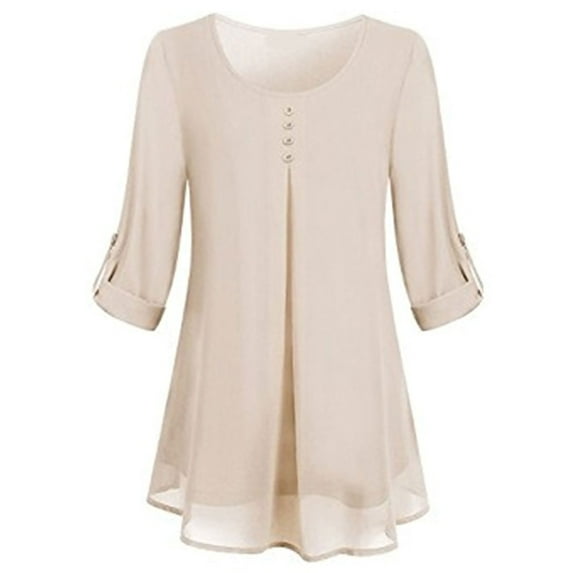 Lumento 3/4 Roll-up Sleeve Blouses for Womens Solid Color Casual Loose Crew Neck Tunic Shirts Office Business Blouse Pullover Tops