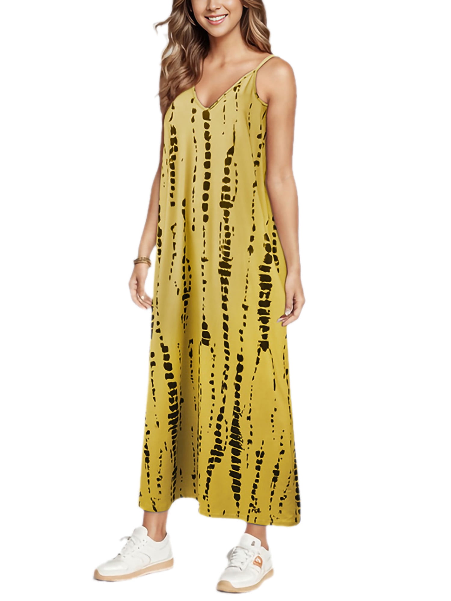 Lumento Beach Sun Dress for Womens Casual V Neck Loose Long Dress Tie