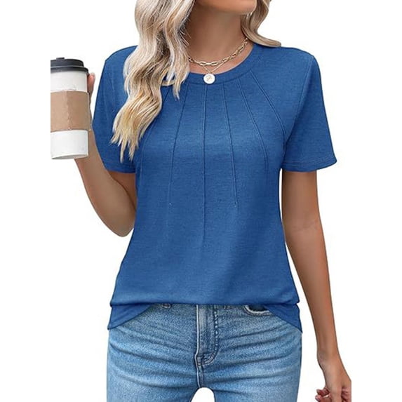 Blouses for Women Short Sleeve T Shirts Casual Dressy Summer Tops with Pleats Crew Neck Plain Tee for Ladies