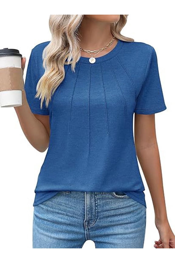 Blouses for Women Short Sleeve T Shirts Casual Dressy Summer Tops with Pleats Crew Neck Plain Tee for Ladies