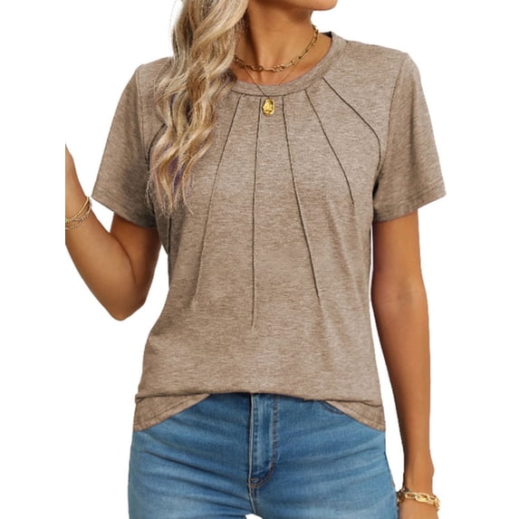 Blouses for Women Short Sleeve T Shirts Casual Dressy Summer Tops with Pleats Crew Neck Plain Tee for Ladies