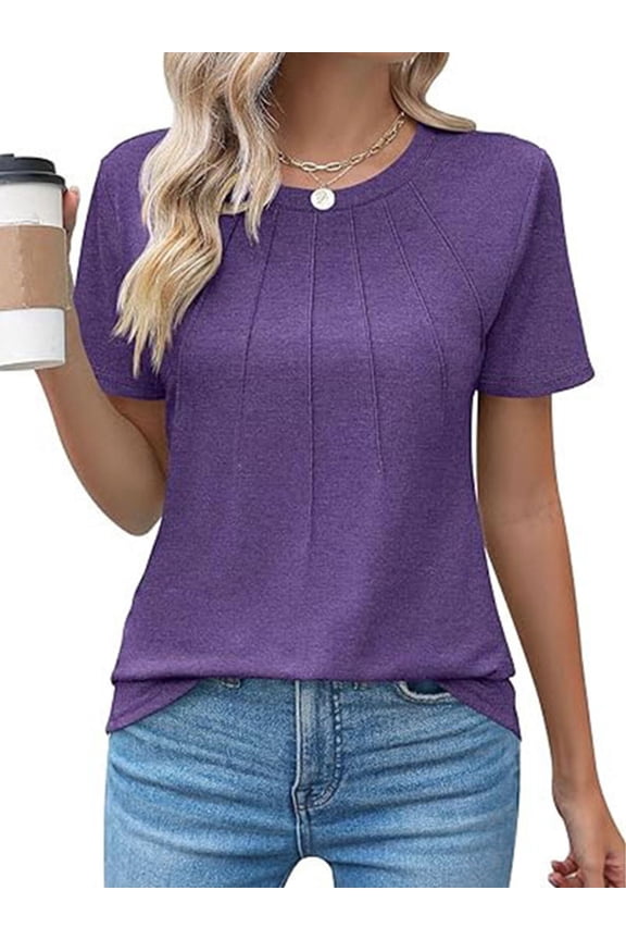 Blouses for Women Short Sleeve Shirts Casual Dressy Summer Tops with Pleats Purple 2XL
