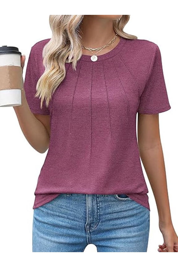 Blouses for Women Short Sleeve Shirts Casual Dressy Summer Tops with Pleats Wine Red L