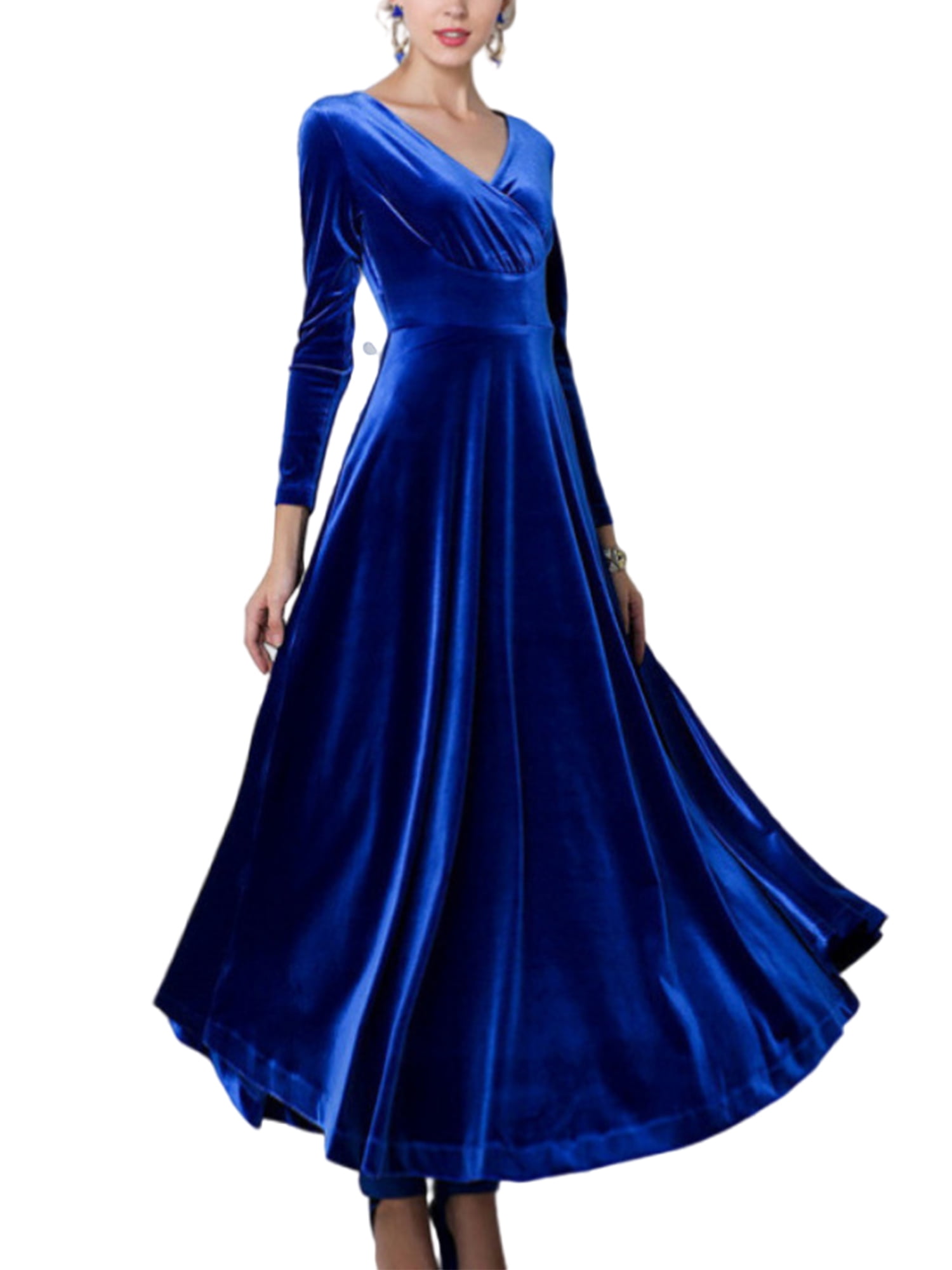 Lumento Ladies A Line Dress Long Sleeve Maxi Dresses V Neck Women Casual Elegant Solid Color