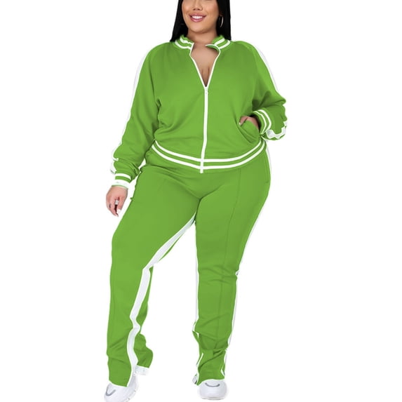 Lumento Ladies Jogger Set Stand Collar Sweatsuits Color Block Lounge Sets Women Front Zip Jacket+Sweatpants Split Long Sleeve Two Piece Outfit Light Green XL