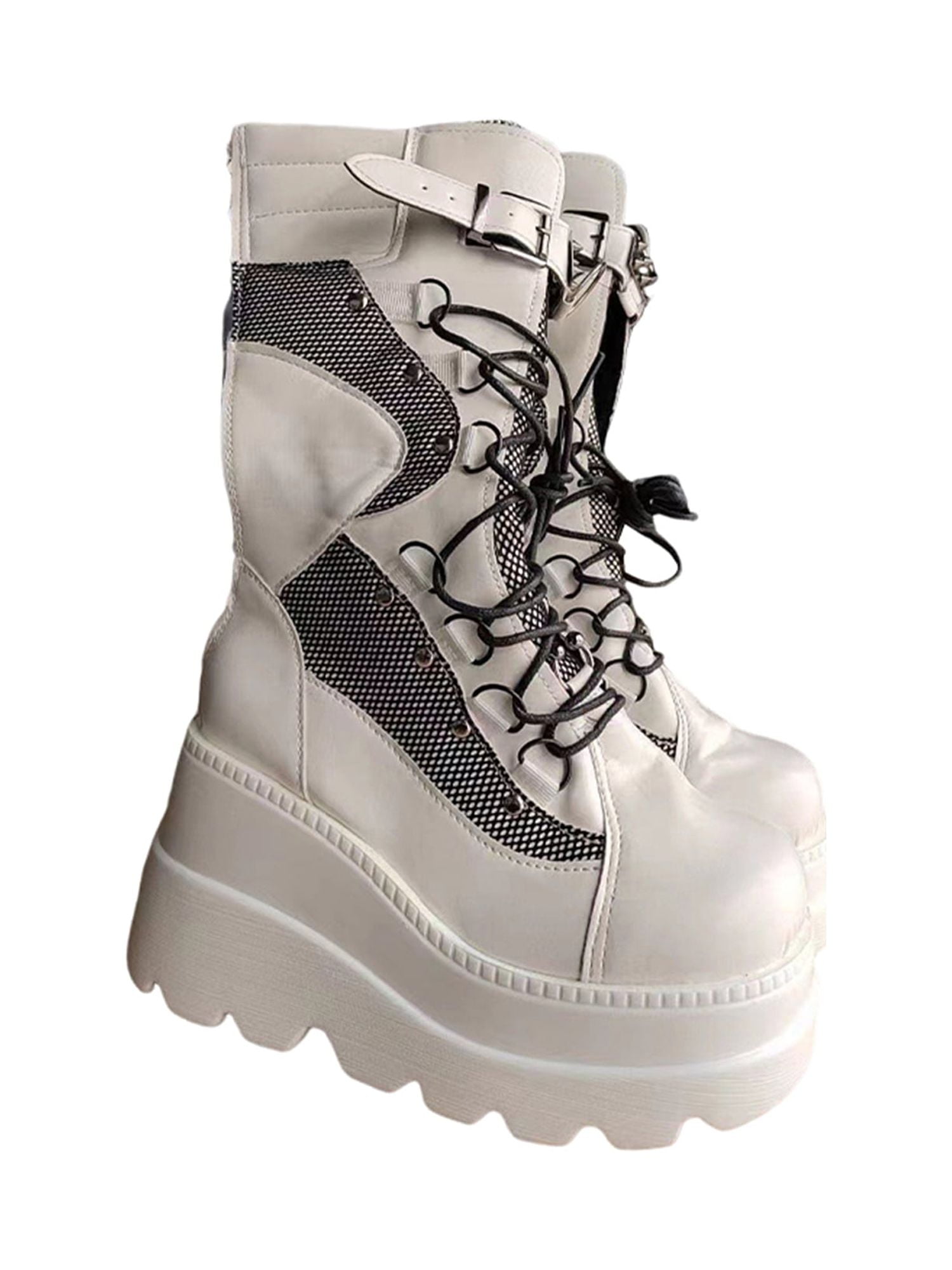 Lumento Ladies Punk Goth Boot Buckle Strap Platform Boots Wedge Shoes