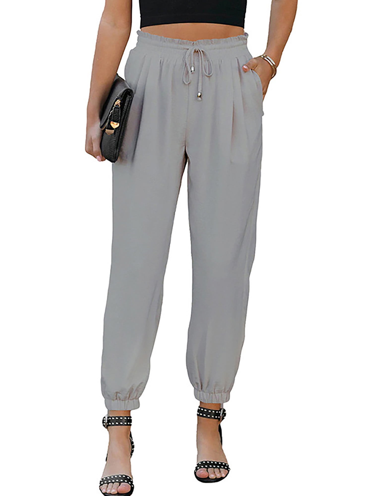 Lumento Ladies Trousers Elastic Waist Harem Pant Solid Color Pants Women Loose Fit Bottoms