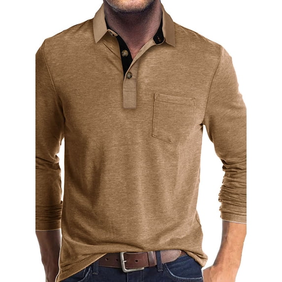 Lumento Men Tops Long Sleeve Polo Shirt Button Blouse Mens Solid T-Shirt Lapel Neck T Shirts Basic Tee Khaki XL