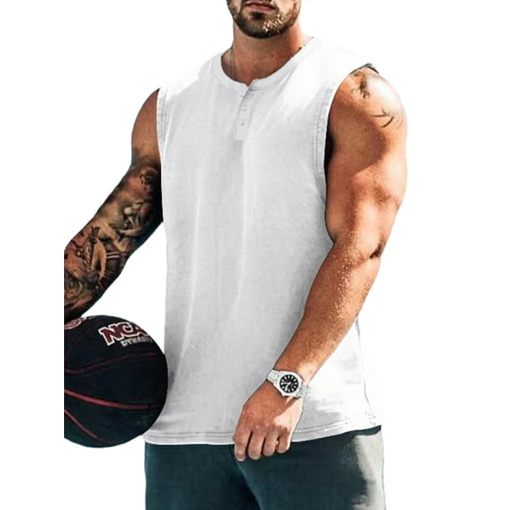 Lumento Men's Tank Tops Sleeveless Muscle Shirts Henley Neck Summer Soft Vest Solid Color T-shirt White XL