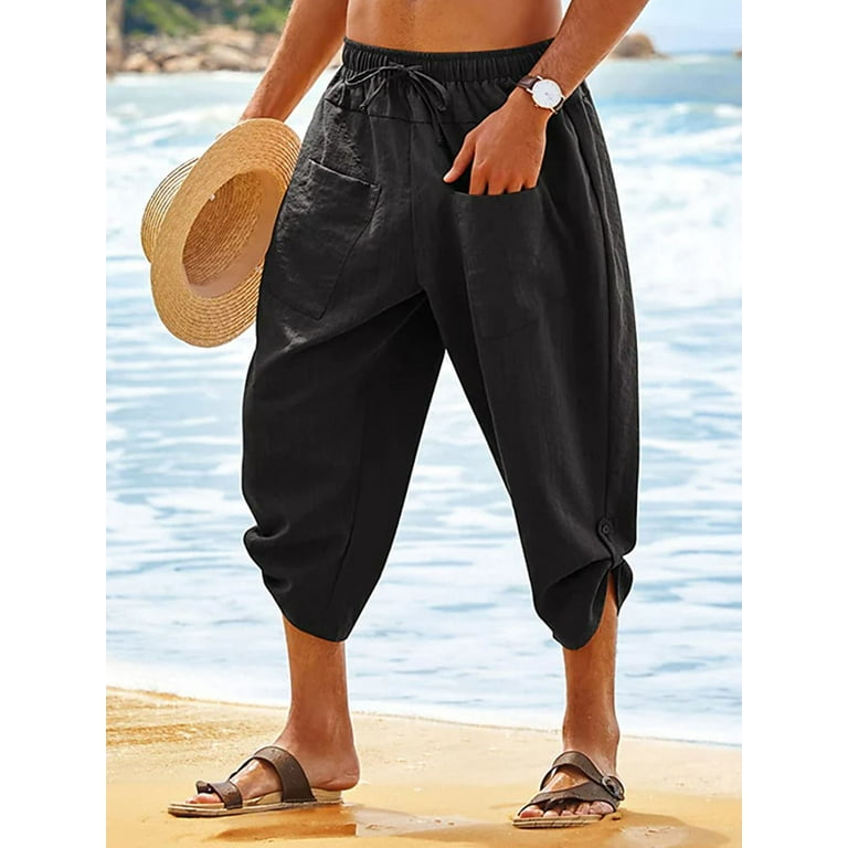 Lumento Mens Capri Pants Elastic Waist Drawstring Cropped Pants Solid Color Cotton Linen Beach Shorts Black L