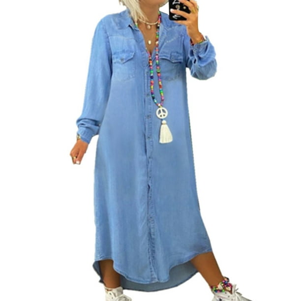 Lumento Plus Size Long Maxi Shirt Dress for Women Button Denim Tunic ...