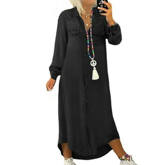 Lumento Plus Size Long Maxi Shirt Dress for Women Button Denim Tunic Dress KaftanT Shirt Dress Oversize Swing Dress Dark Blue 5XL