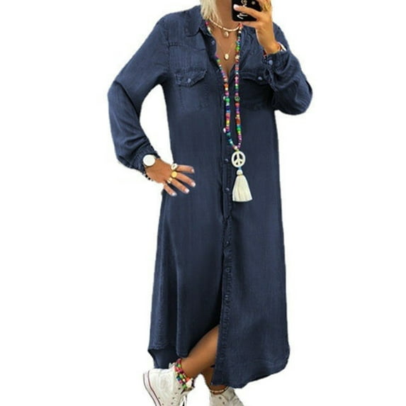 Lumento Plus Size Long Maxi Shirt Dress for Women Button Denim Tunic Dress KaftanT Shirt Dress Oversize Swing Dress Dark Blue 5XL
