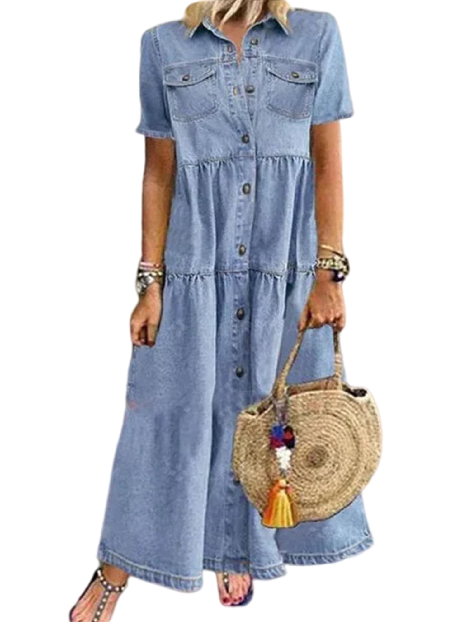 Lumento Plus Size Long Maxi Shirt Dress for Women Button Denim Tunic ...