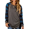 thumbnail image 1 of Lumento S-5XL Women Autumn Pullover for Women Plaid Raglan T-Shirts Tops Check Patchwork Long Sleeve Crew Neck Pullover for Lady Blue L, 1 of 2