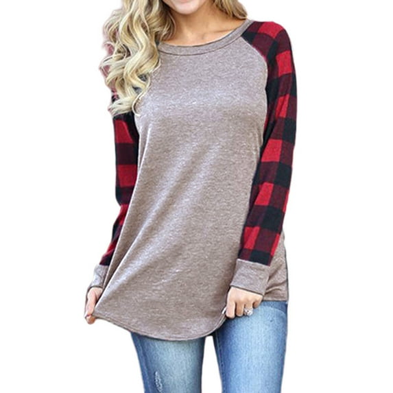 Lumento S-5XL Women Autumn Pullover for Women Plaid Raglan T-Shirts Tops Check Patchwork Long Sleeve Crew Neck Pullover for Lady Light Grey Red XL