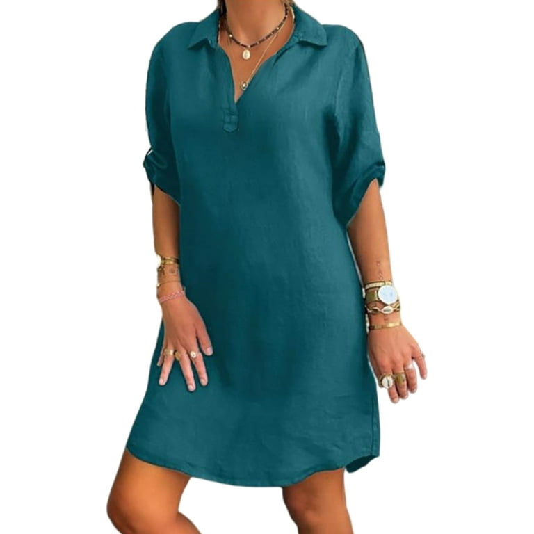 Lumento Shift Dress for Women Solid Color V Neck Tunic Shirt Dresses