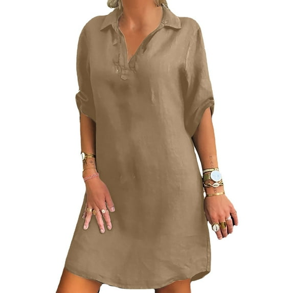 Lumento Shift Dress for Women Solid Color V Neck Tunic Shirt Dresses