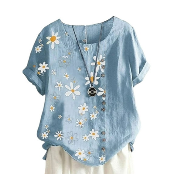 Lumento Size S-5XL Loose Women Summer Daisy Flower Print Linen Top Short Sleeve O-Neck Cotton Linen Shirt Summer Tee Shirts Blouse