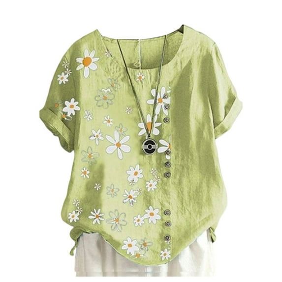 Lumento Size S-5XL Loose Women Summer Daisy Flower Print Linen Top Short Sleeve O-Neck Cotton Linen Shirt Summer Tee Shirts Blouse