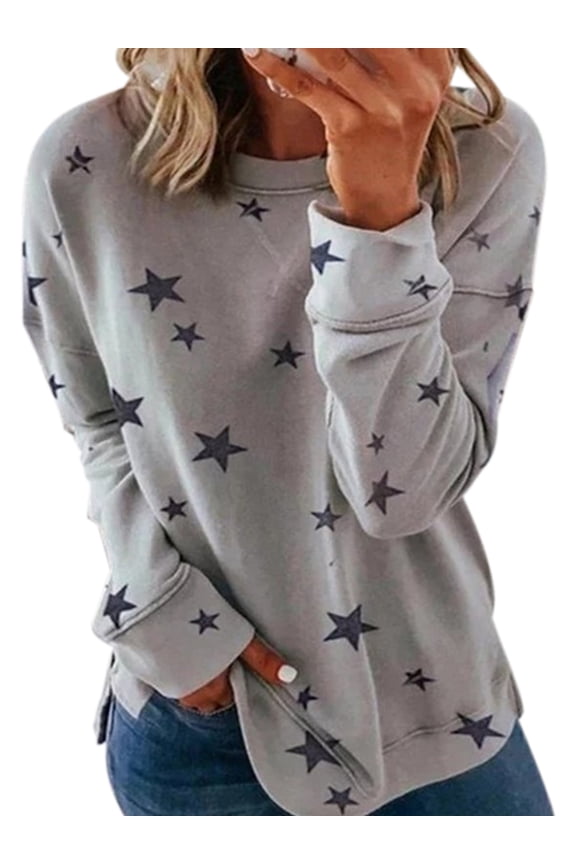 Star Basic Sweatshirt for Women Long Sleeve Crew Neck Tops T-shirt Blouse Pullover Gray 5XL