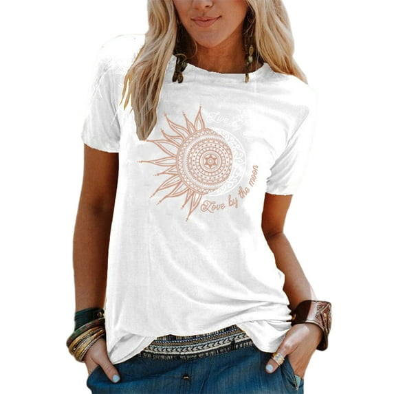 Lumento Summer Blouse T-shirt for Womens Short Sleeve O-neck Floral Print Tunic Blouse Top Ladies Casual Loose Top