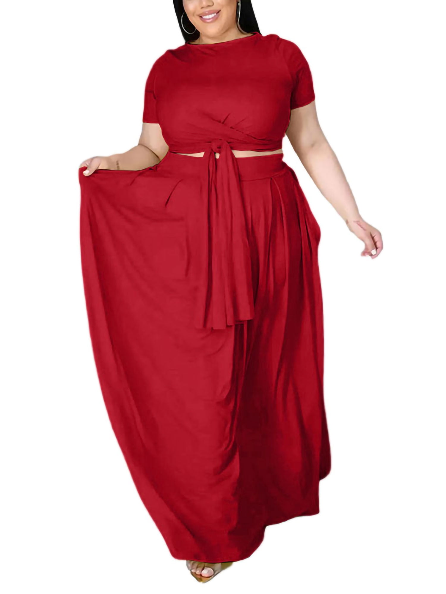 Lumento Women 2 Piece Outfits Short Sleeve Maxi Skirts Set Plus Size Skirt Sets Casual Crew Neck