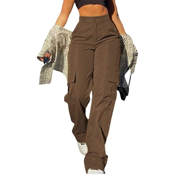 Lumento Cargo Pants Women's Baggy High Waist Sweatpants Y2K Multi Pockets Straight Hiking Trousers Sports Jogging Cargo Trousers Bottoms Brown L