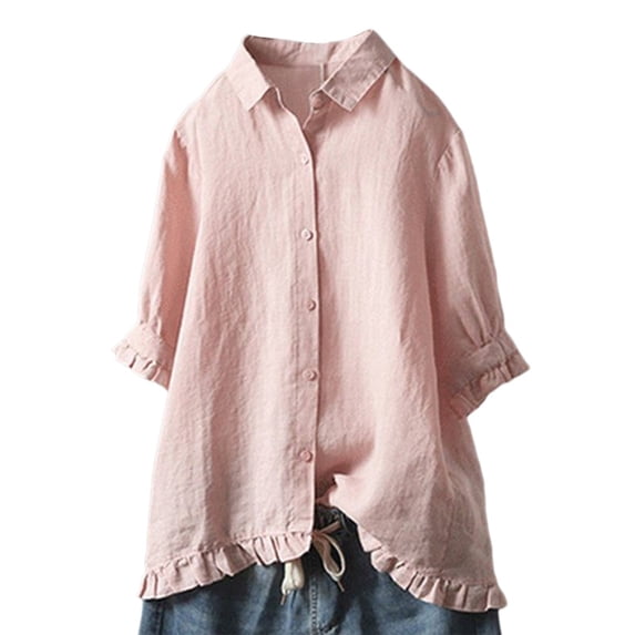 Lumento Women Button Down Collar Neck Tops Ruffle Short Sleeve Blouse Shirts Cotton Linen Lapel Shirts Tops Pink L