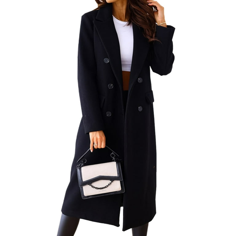 Lumento Women Button Down Work Overcoats Calf Length Double breasted Trench Coat Cardigan Solid Color Jacket Black M