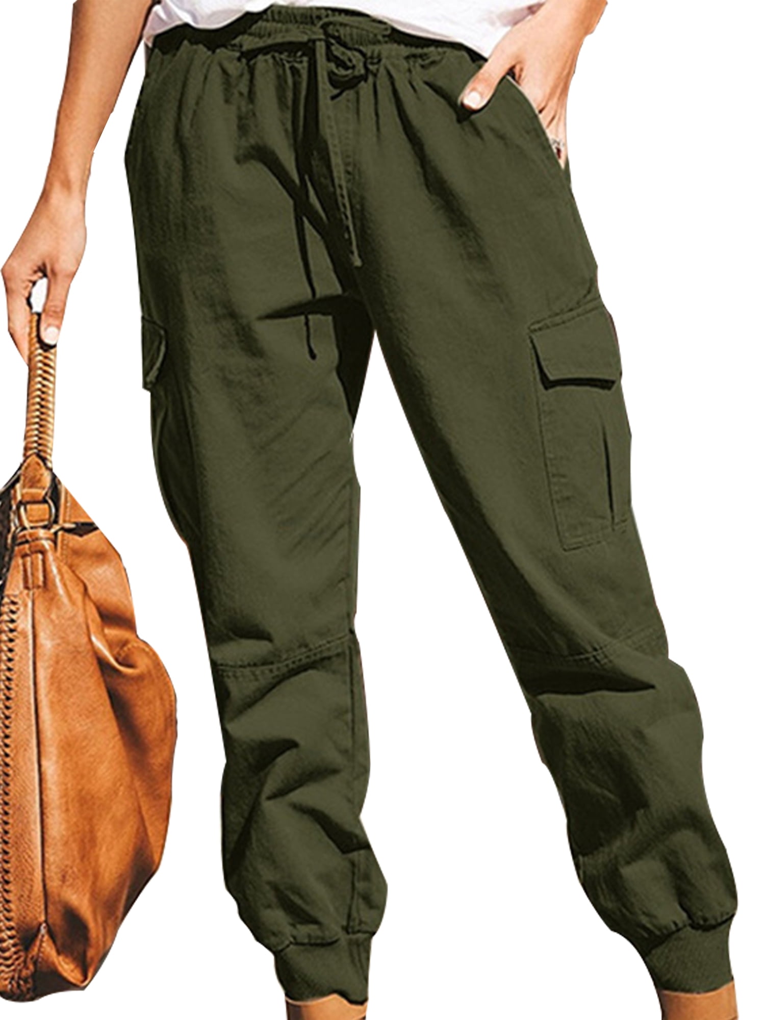 Lumento Women Cargo Hiking Pants Plain Color Elastic Waist Jogger Pants ...