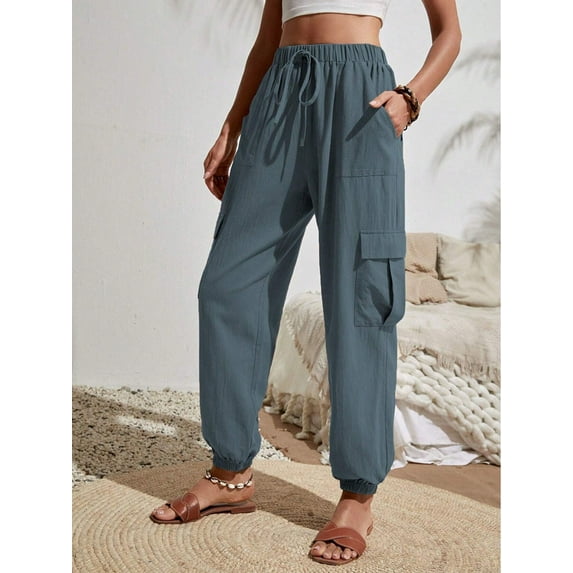 Lumento Women Cargos Elastic Waisted Cuffed Pants High Waist Drawstring Trousers Ankle Banded Casual Harem Pants Denim Blue L