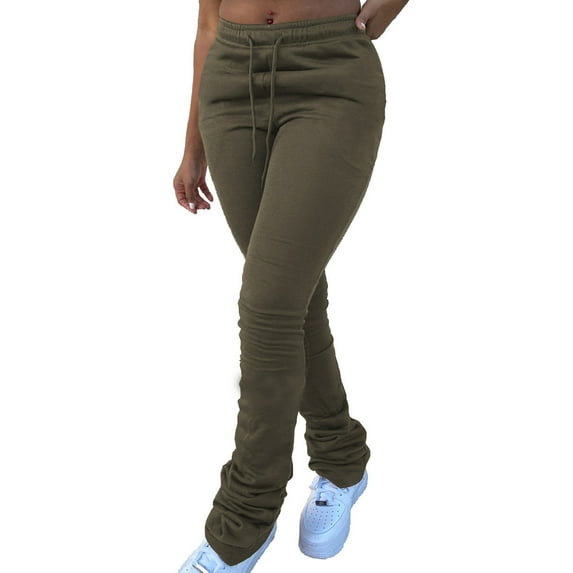 Lumento Women Casual Leggings Elastic Waist Workout Pant Classic Stars Printed Sweatpants Stacked Trousers with Pockets Army Green L