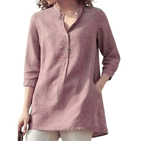 Lumento Women Casual Loose Pocket Tunic Blouse Solid Color Work Shirt Pink 4XL