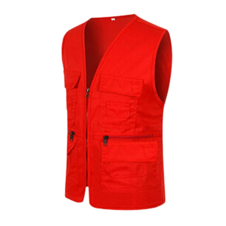 Lumento Women Casual Safari Waistcoat Utility Windbreak Jacket Waterproof Cargo  Vest With Pockets Red 2XL 