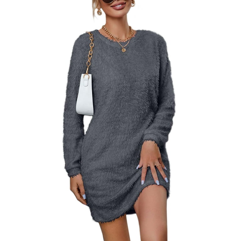 Mawclos Ladies Mini Dresses Plush Sweater Dress Fleece Pullover Jumper Slouchy Warm Long Sleeve Black 2XL Black