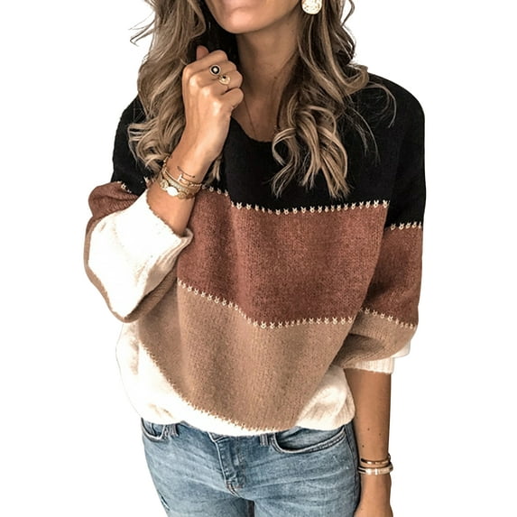 Lumento Women Color Block Sweater Basic Kint Pullover Casual Crew Neck Long Sleeve Jumper Khaki S