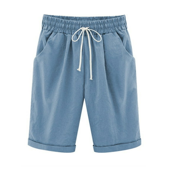 Lumento Women Drawstring Elastic Waist Summer Beach Shorts with Pockets Bermuda Lounge Wear Short Trousers Light Blue XL