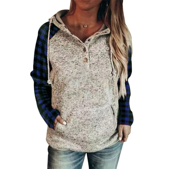 Lumento Women Hoodies Loose Buffalo Plaid Raglan Pockets Drawstring Sweatshirt Blue Sleeve 3XL
