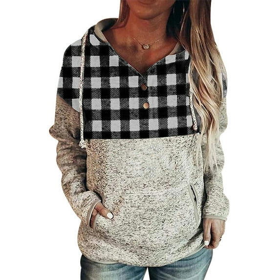 Lumento Women Hoodies Loose Buffalo Plaid Raglan Pockets Drawstring Sweatshirt Gray Lattice S