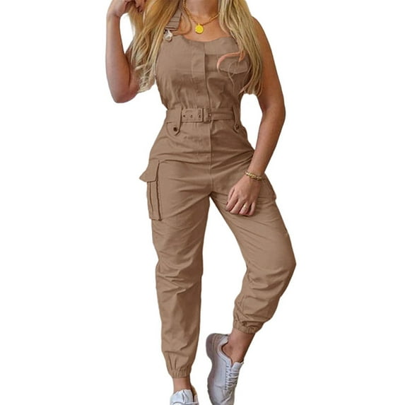 Lumento Women Jumpsuits With Pockets Romper Sleeveless Long Pants Ladies Leisure Leggings Casual Belt Cargo Pant Khaki S