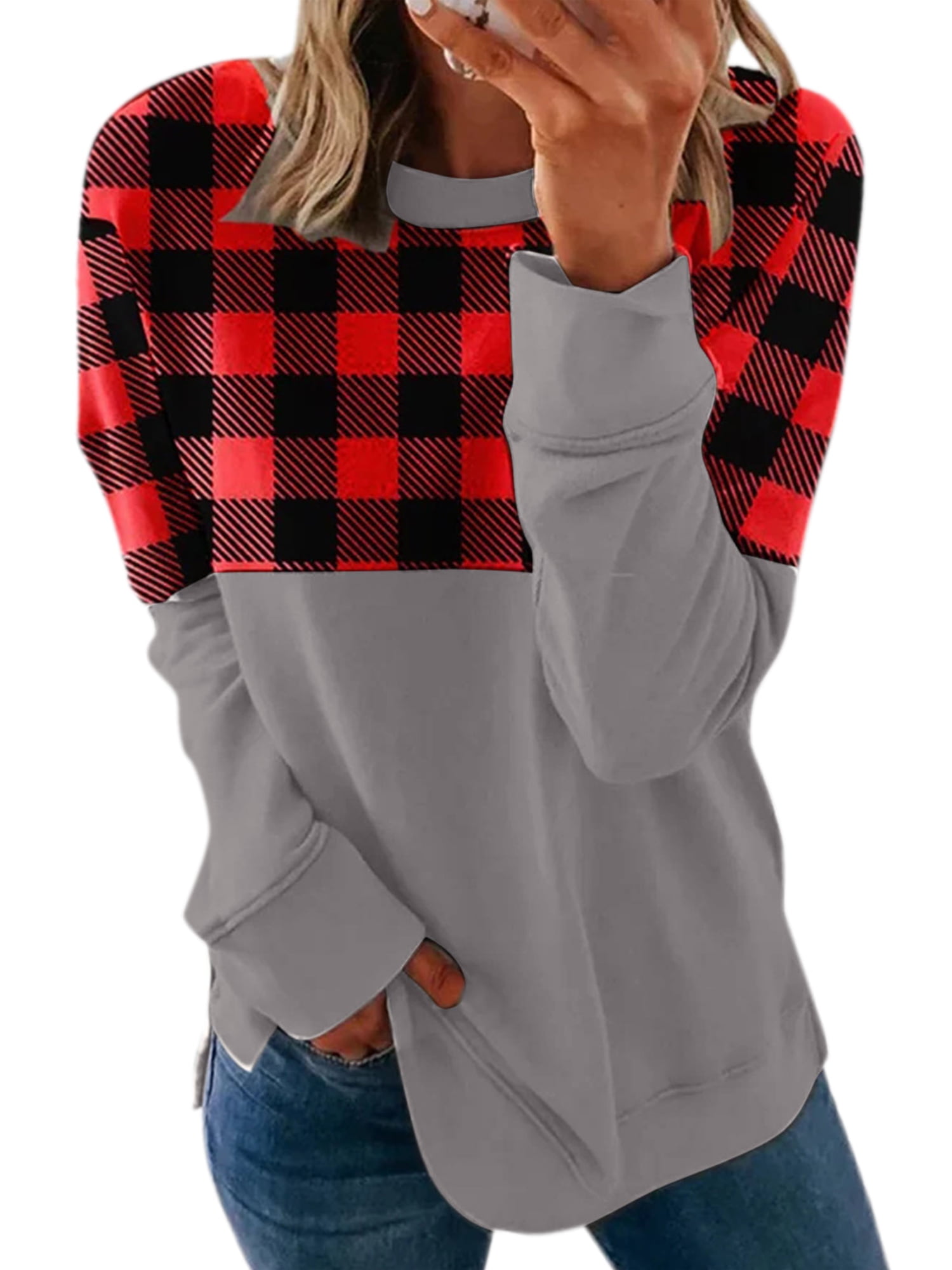 Lumento Women Long Sleeve Buffalo Plaid Pullover Top Round Neck T Shirt Sweatshirt Top Gray S Walmart