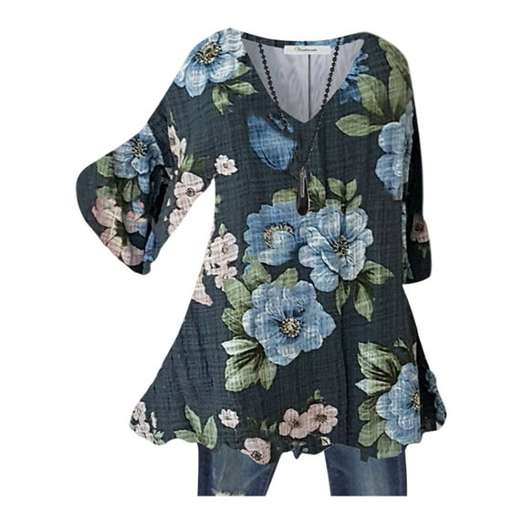 Lumento Women Long Sleeve Flare Tunic Tops for Leggings Floral Print Vintage Flowy Shirts Blouse Black 4XL