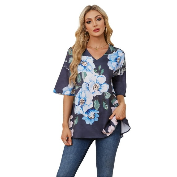 Lumento Women Long Sleeve Flare Tunic Tops 3/4 Sleeve Shirts Floral Print Vintage Flowy Shirts Ladies Tunics Blouse