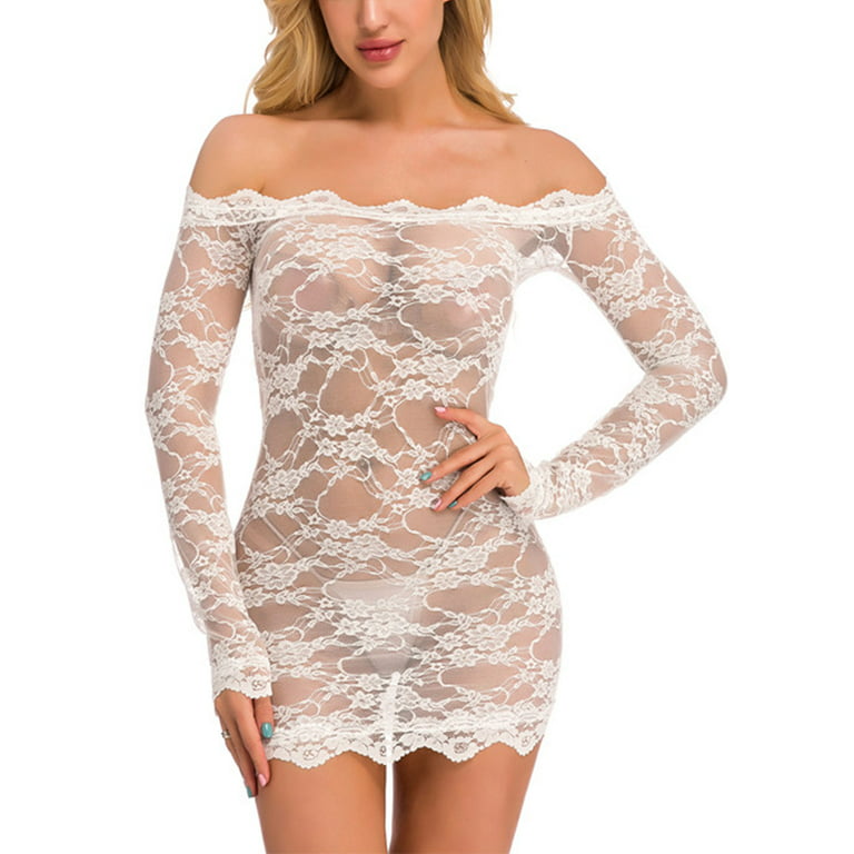 Lumento Women Long Sleeve Sexy Lingerie Mini Dress Babydoll Nightwear  Sleepwear White S 