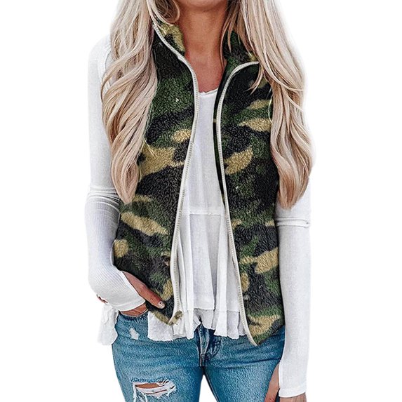 Lumento Women Loose Winter Warm Jacket Vest Plush Zip-Up Sherpa Jackets Casual Sleeveless Waistcoat With Pockets Camouflage Green S