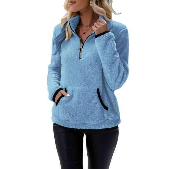 Lumento Women Sherpa Pullover Quarter Zip Long Sleeve Fluffy Soft Fleece Fall Thin Jackets Sweaters Sweatshirts Outwear Coat Blue S