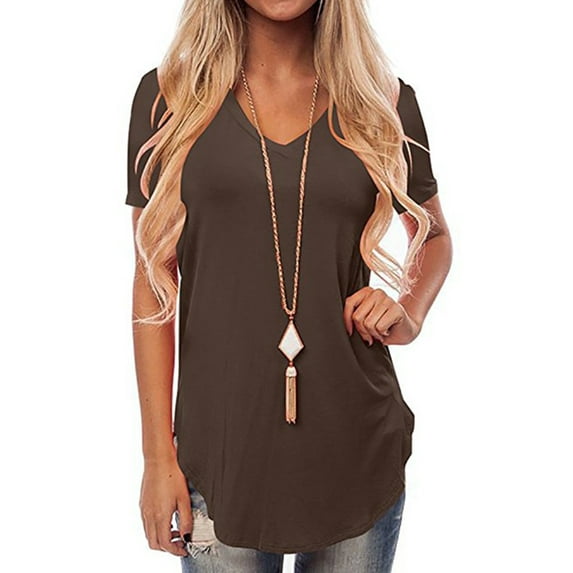 Lumento Women T Shirts Casual Loose Summer T-shirts Short Sleeve V Neck Tops Solid Color Tees Blouse Coffee XL