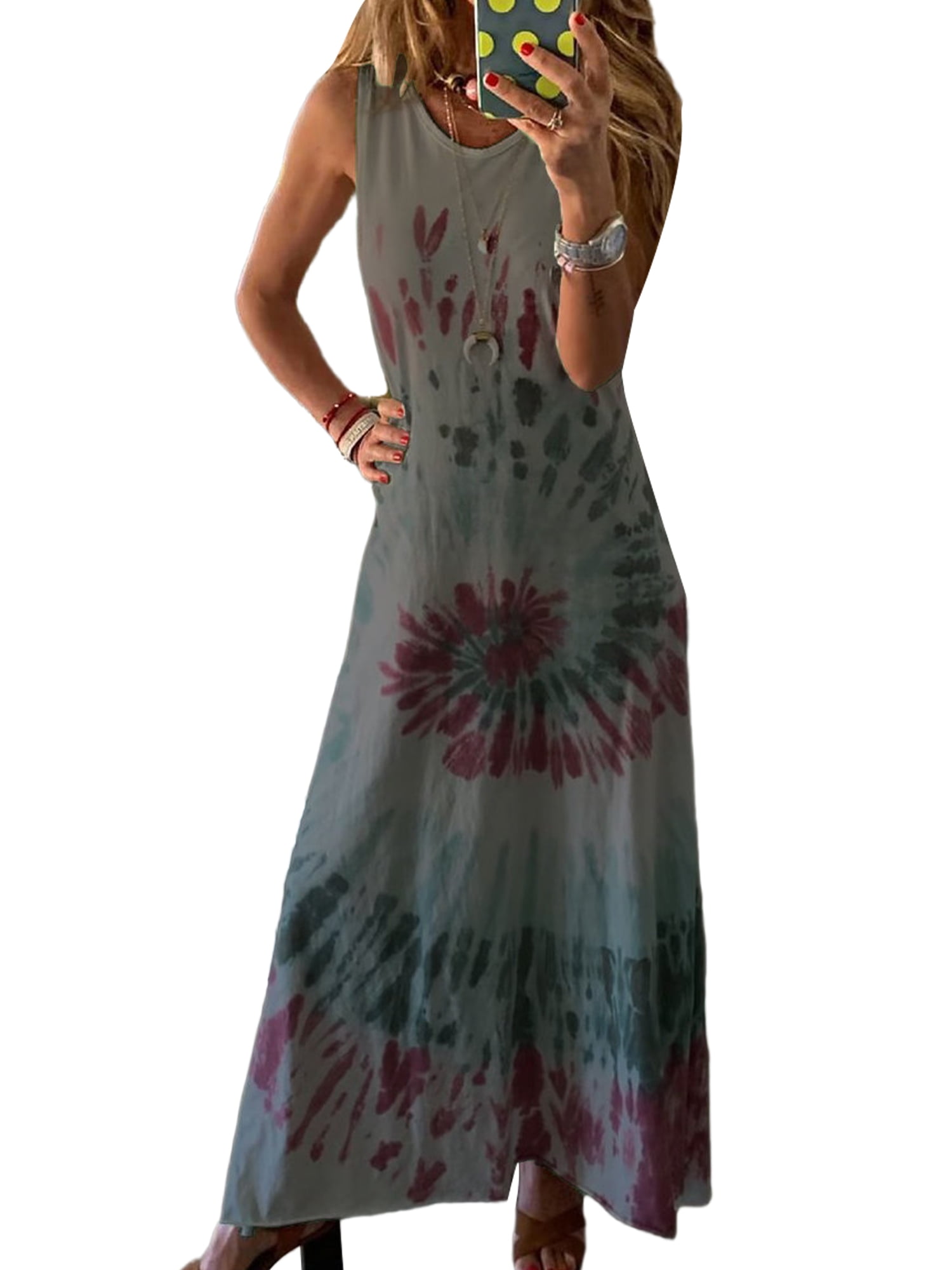 Lumento Women Tank Dress Sleeveless Long Dresses Crew Neck Tie Dye Maxi ...
